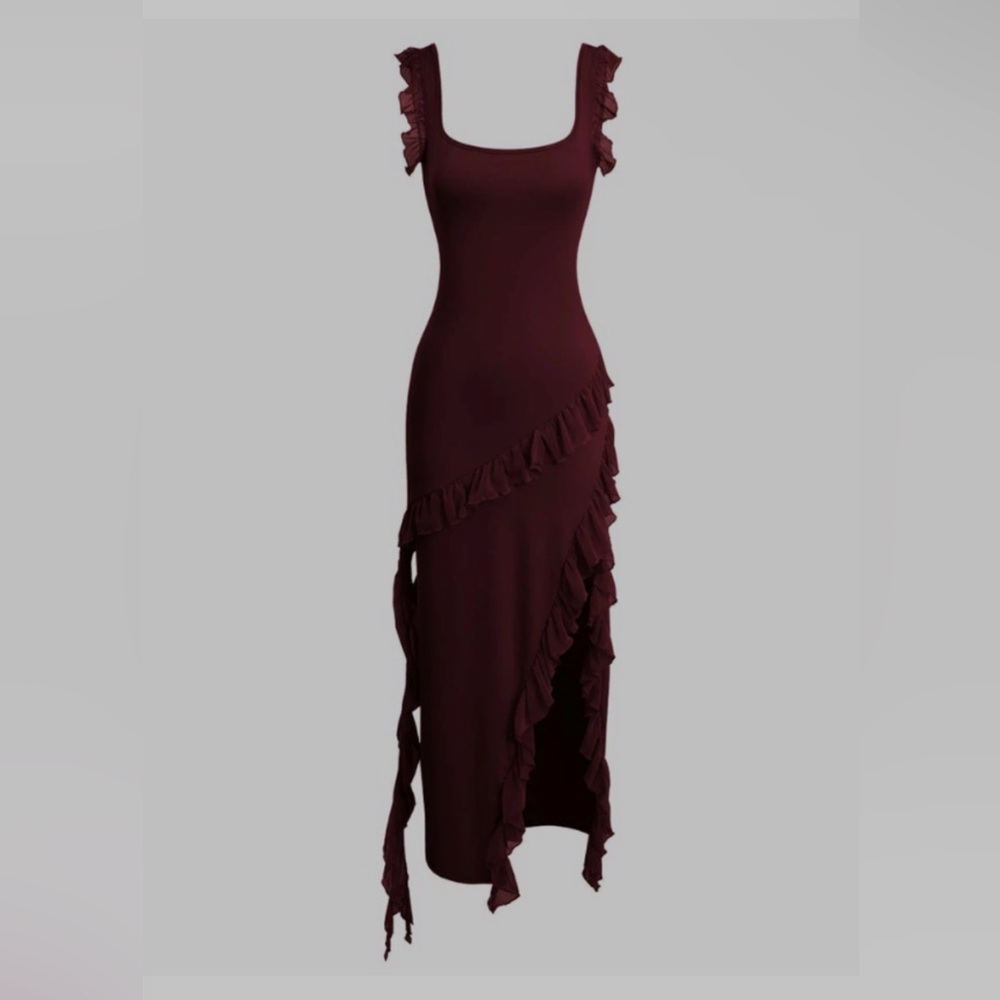 Sleeveless Ruffle Maxi Dress in Deep Burgundy
